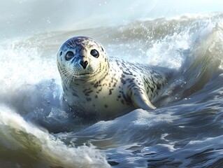 Obraz premium A playful seal diving in the waves of the sea