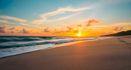 Closeup sea sand beach. Panoramic beach landscape. Inspire tropical beach seascape horizon. Orange and golden sunset sky calmness tranquil relaxing sunlight summer mood. Vacation travel holiday banner