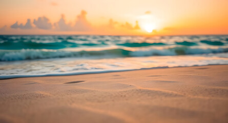 Obraz premium Closeup sea sand beach. Panoramic beach landscape. Inspire tropical beach seascape horizon. Orange and golden sunset sky calmness tranquil relaxing sunlight summer mood. Vacation travel holiday banner