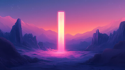 Fototapeta premium Mysterious glowing monolith stands alone in a vast desert landscape at twilight, surrounded by majestic mountains. Ancient Glowing Monoliths. Illustration