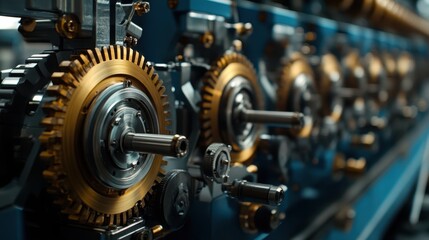 A close-up view of metallic gears on a factory machine set against a vibrant blue background, showcasing industrial mechanics and engineering design.