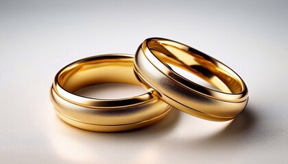 A pair of gold wedding bands placed delicately on a pristine white surface