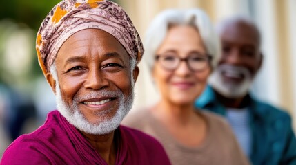 Fototapeta premium Elderly african and caucasian adults smiling outdoors in vibrant clothing