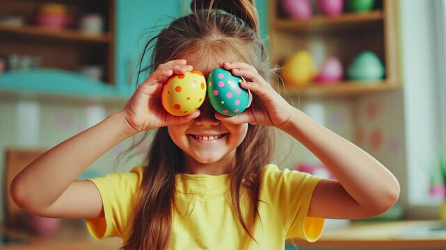 Cheerful little girl playfully holds colorful Easter eggs in front of her eyes in a sunny kitchen. The joyful expression and bright colors reflect happiness, creativity and childish fun.