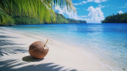 A picturesque tropical beach features crystal-clear waters and soft white sands. A coconut rests on the shore inviting travelers to enjoy a serene vacation in paradise