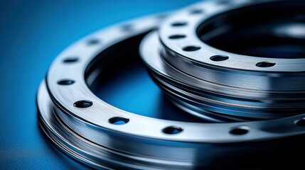 Precision metal rings stacked on blue surface