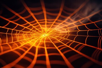 A close-up view of a spider web illuminated by a vibrant orange glow, showcasing intricate patterns and delicate threads in stunning detail.