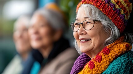 Elderly asian women enjoying a social gathering with colorful knitwear and smiles