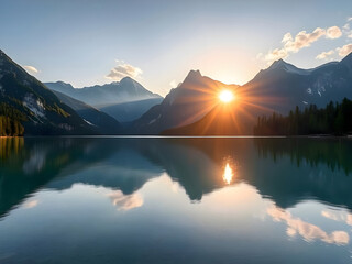 Impressive summer sunrise on Eibsee lake with Zugspitze mountain range. Sunny outdoor scene in German Alps, Bavaria, Germany, Europe. Beauty of nature concept background.