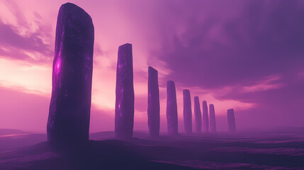 Fototapeta premium Mystical monoliths under a violet sky - made with generative ai. Ancient Glowing Monoliths. Illustration