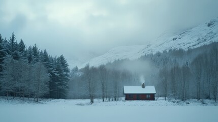 Peaceful cabin in snowy landscape, surrounded by trees and mountains under a cloudy sky, a perfect winter escape.
