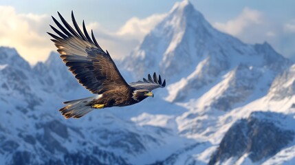 A proud eagle flying over a magnificent mountain landscape