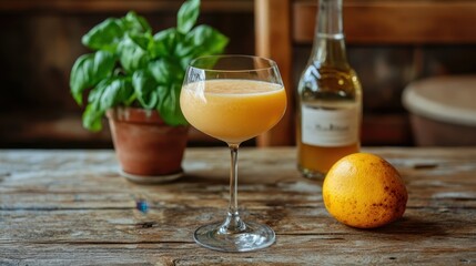 Fototapeta premium A refreshing glass of orange juice placed beside an elegant bottle of wine, showcasing a delightful beverage pairing for any occasion.