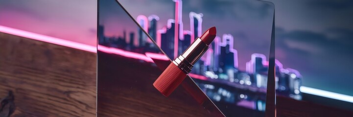 Sleek red lipstick on glass surface with neon skyline background