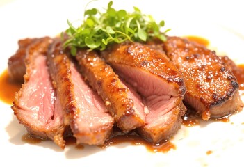 Sliced Magret de Canard with crispy skin and tender, medium-rare duck breast, garnished with fresh greens on a white plate.