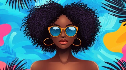 A stylish woman wearing sunglasses poses against a vibrant tropical backdrop, showcasing a relaxed and fashionable summer vibe.