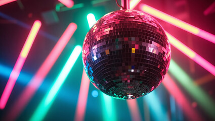 Shiny Pink and Purple Disco Ball with Neon Lights of Night Club, Dancing Dance at Party, Prom