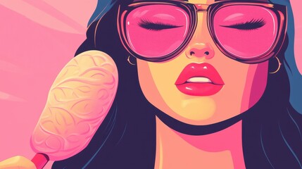 A woman wearing sunglasses enjoys a pink ice cream on a sunny day, showcasing a moment of leisure and delight in a vibrant setting. © DSimage