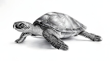 Fototapeta premium Detailed pencil drawing of a sea turtle showing textured shell and flippers on a white background.
