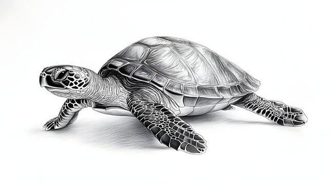 Detailed pencil drawing of a sea turtle showing textured shell and flippers on a white background.