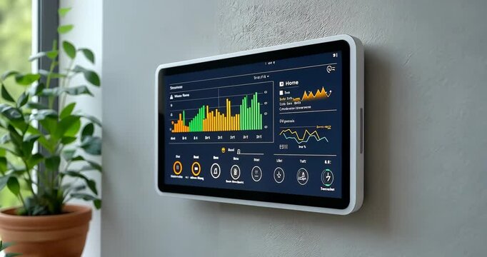 A smart home control panel displays energy consumption data and other information.