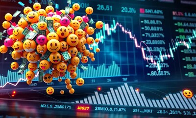 3D Stock Market Chart or Financial Graph, Surrounded by Colorful Emoji Explosion of Various Money Denominations, Including Dollar Bills, Coins, and Euro Banknotes, Blending Digital Elements. 4k - Powered by Adobe