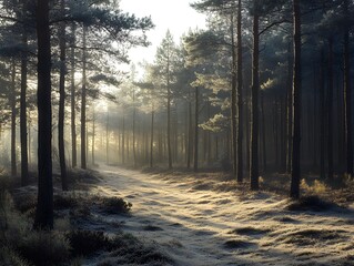 Obraz premium A quiet pine forest glistening in the winter sun