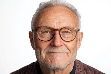 Obraz premium Warm portrait of a senior man with glasses wearing a sweater against a white background
