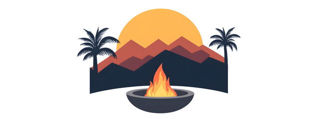 Logo, a vector graphic of a fire pit with palm trees and mountains in the background
