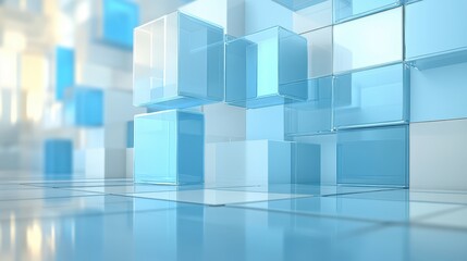 A striking arrangement of blue and white cubes set in a minimalistic room, creating a visually appealing geometric composition.