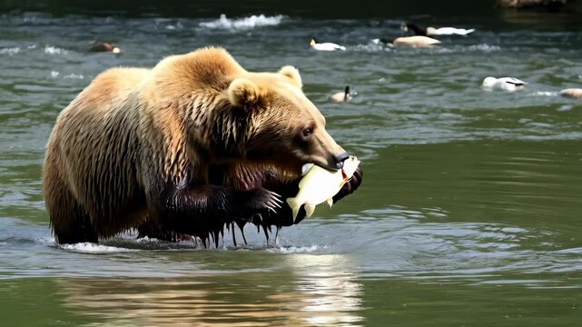 A bear catches pink salmon in the river. The bear drops the caught fish. Video 4K.