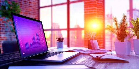 office interior with digital marketing charts and graphs overlay