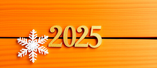 golden 2025 new year number with white snowflake on wood