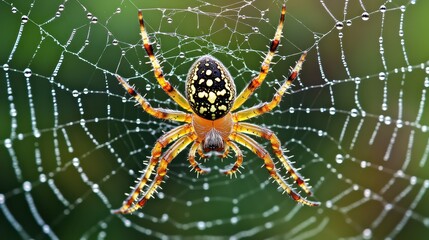 Arafed spider displaying a striking yellow and black pattern on its back, showcasing its unique and vibrant coloration in a natural habitat.