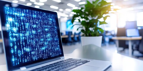 office interior with digital binary data overlay 