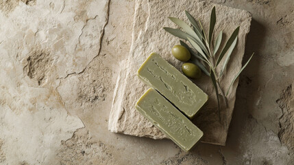 Handmade Olive Oil Soap with Fresh Olives on Rustic Stone