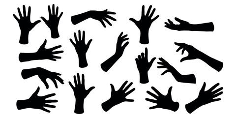 Palm silhouette, black hand on transparent background, vector set for stencil