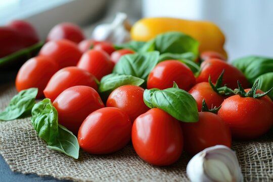 Fresh red tomatoes adorned with basil leaves create vibrant culi