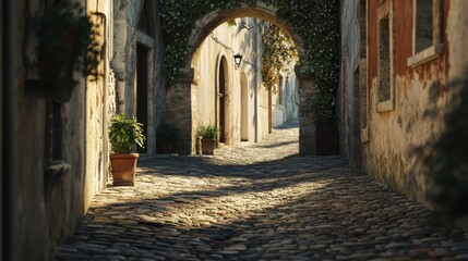 a beautifully preserved ancient stone archway standing in a quiet European alley, with soft ambient light casting long shadows on the textured cobblestone path.