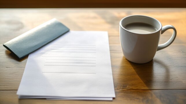 Resignation letter on a desk with a journal and coffee mug. Featuring career transition and reflection