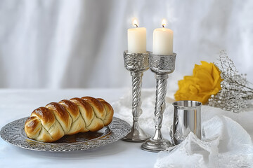 Obraz premium Shabbat Table Setting. Challah bread, braided candle and silver Kiddush cup,