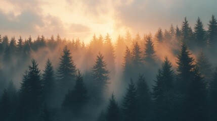 a breathtaking misty forest landscape at sunrise, with rays of golden light filtering through the tall pine trees, creating a peaceful and cinematic atmosphere.