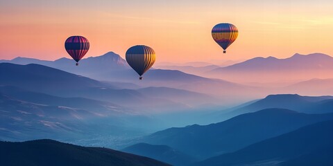 Obraz premium A vibrant scene featuring colorful balloons soaring above a stunning mountain landscape, capturing a sense of adventure and freedom. Perfect for travel, adventure, and outdoor-themed content.