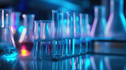 close-up of high-tech laboratory glassware, including test tubes and flasks filled with vibrant liquid solutions, placed on a sleek reflective surface.