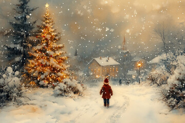 a winter evening in a small snowy town. In the center of the scene stands a child in a red hat and warm clothes, looking at a decorated Christmas tree sparkling with lights 