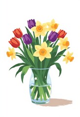 Minimalist Flat Color Illustration of Vibrant Tulips and Daffodils in Glass Vase for Spring Decor, Copy Space for Text
