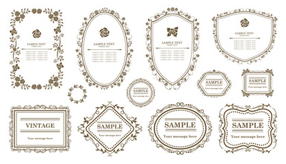 Vintage typographic decorative ornament design elements. Set vector borders and frames. Labels and badges, retro ribbons, luxury fancy logo symbols, elegant calligraphic swirls, flourishes ornate vign