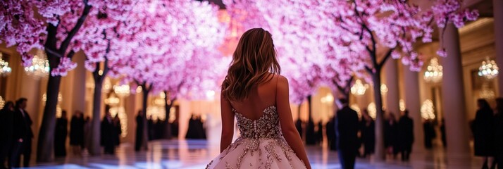 woman in extravagant gown at exclusive art gallery event