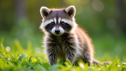 Fototapeta premium A baby raccoon stands on green grass with a blurred natural background.