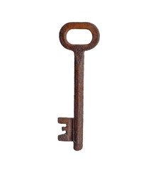 old rusty key covered with a thick layer of corrosion on an isolated white background